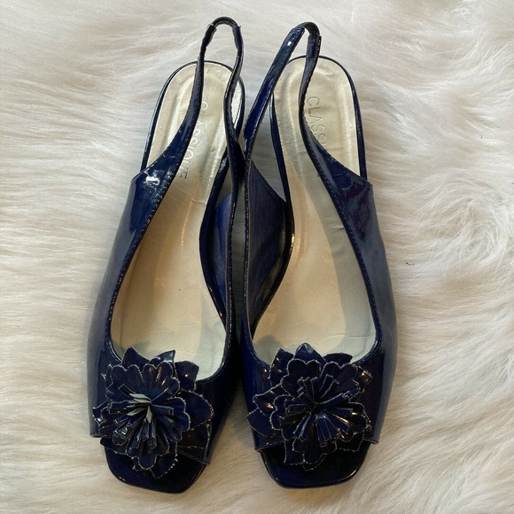 Classique Heels Sz 8.5 Small Wedge Blue Slingback Flower Summer Spring Womens - Picture 1 of 6